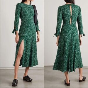 Reformation Green  Zelda Midi Dress Floral Tie Sleeve Button Prairiecore Size 8